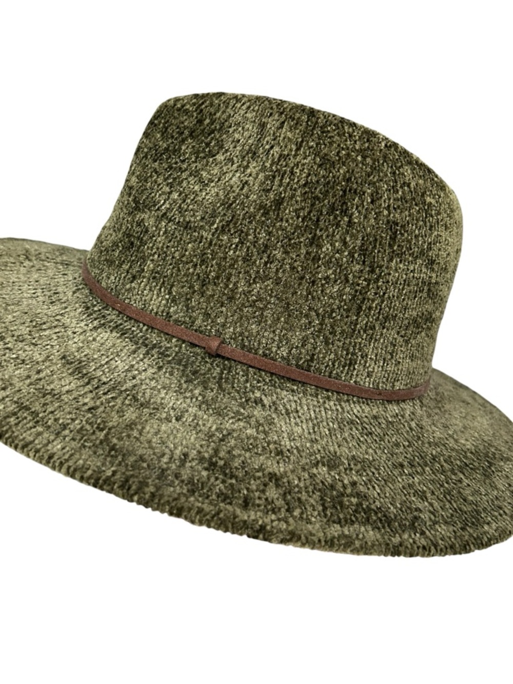 Olive Green Wide Brim Hat Chenille Textured Fedora One Size Boho Western - Picture 7 of 13